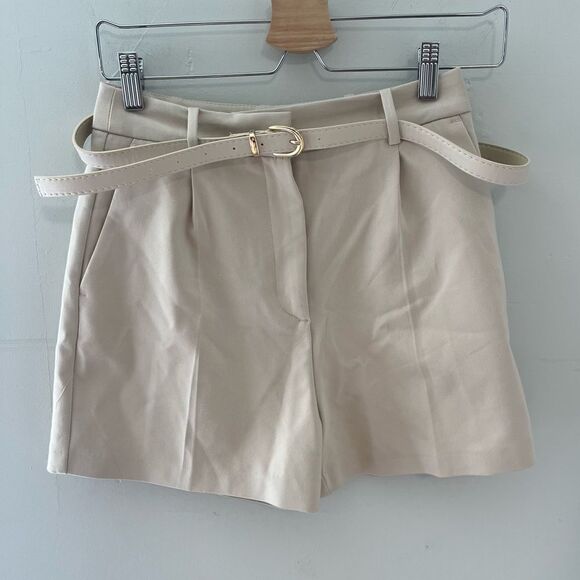 Zara Hi-Rise Pleated Prep Shorts Khaki - Picture 1 of 4